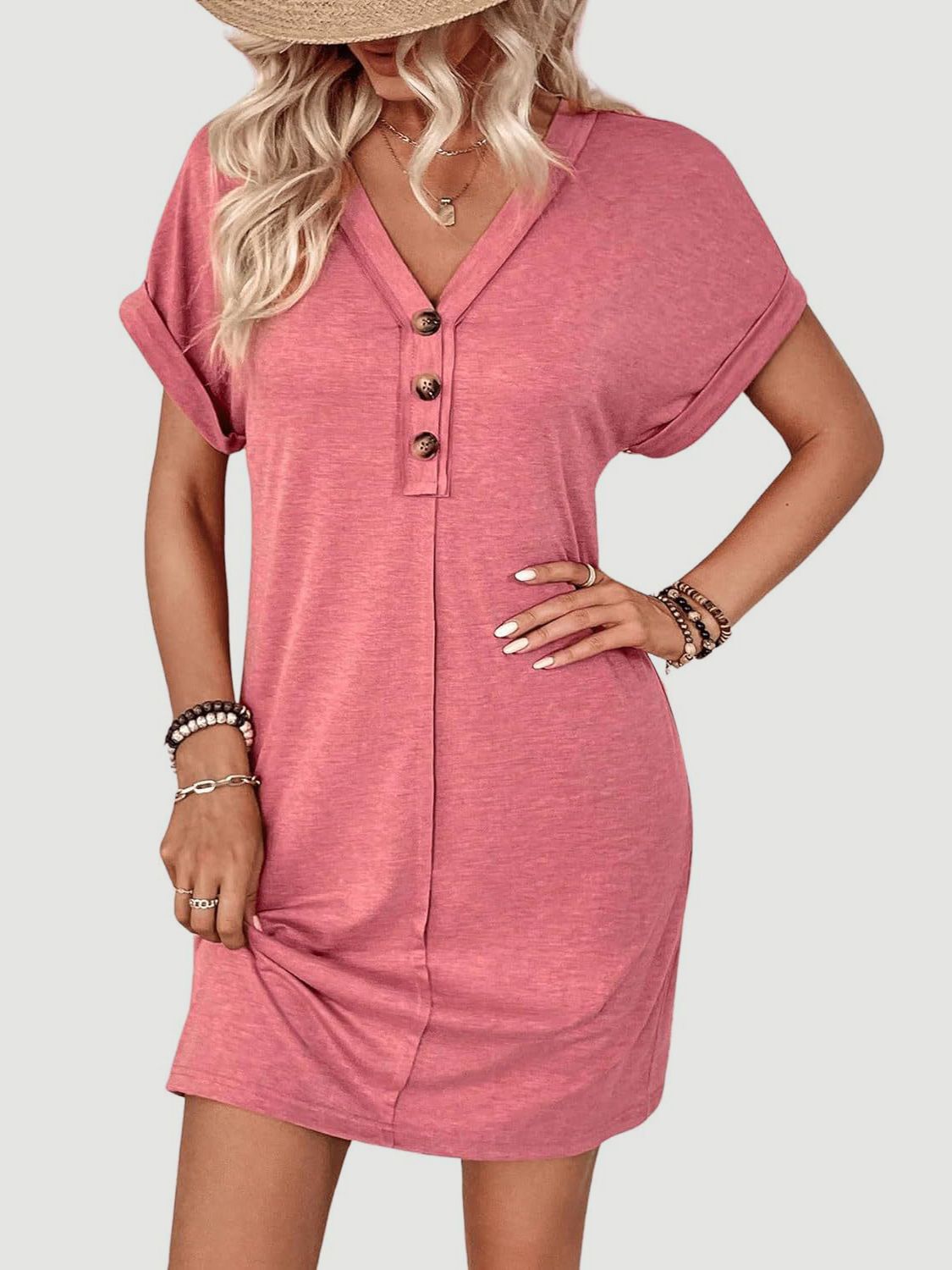 Elegant Button V-Neck Short Sleeve Dress Flattering Casual & Office Wear Simple Dress by Stevvex