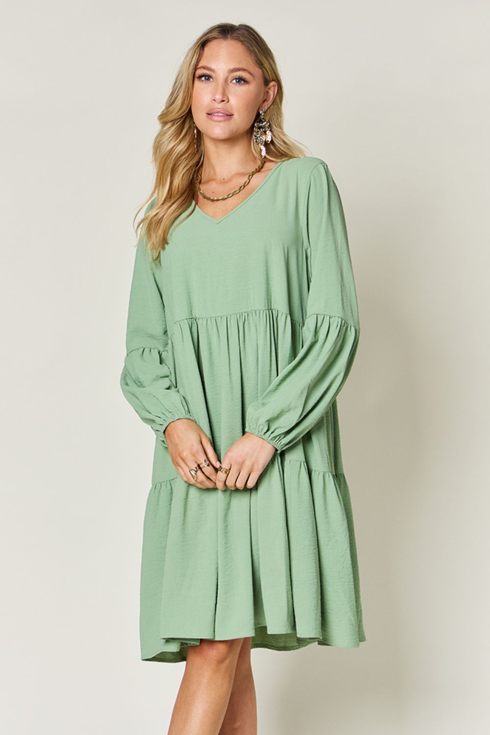 Light Green Double Take Full Size V-Neck Sleeve Tiered Dress with Pockets Elegant & Comfortable Casual Dress by Stevvex