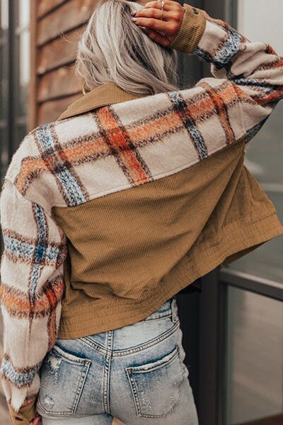 Plaid Corduroy Flap Pockets Button Up Jacket Trendy Outerwear With Classic Flap Pockets For Casual Comfort by Stevvex