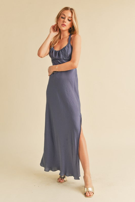 Ruched Side Slit Cutout Back Maxi Cami Dress –Elegant, Sophisticated & Alluring with Side Slit, Ruched Detailing & Daring Cutout Back Design for Special Occasions by Stevvex