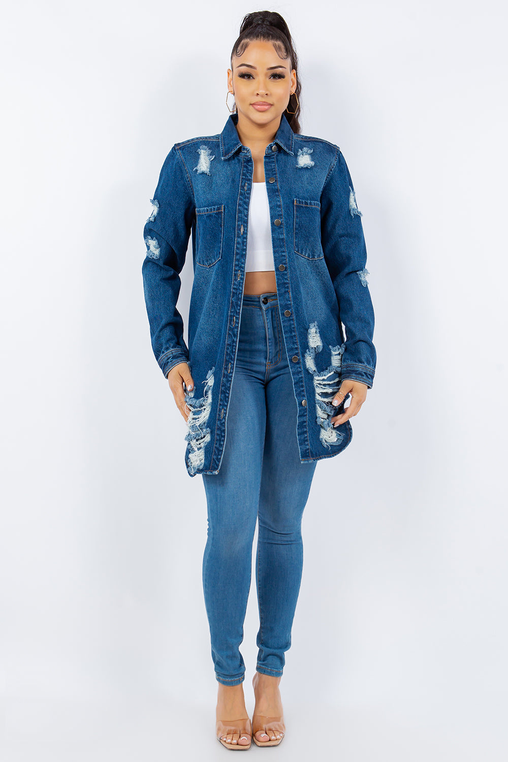 American Dark Blue Bazi Distressed Button Up Long Sleeve Jacket Trendy Buttoned Jacket with Distressed Finish for Women by Stevvex