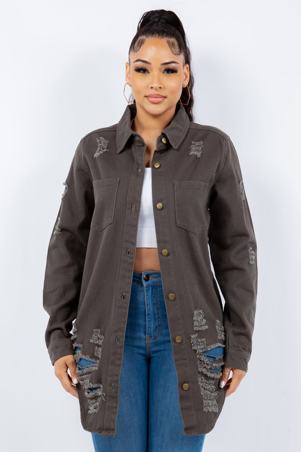 American Bazi Distressed Button Up Long Sleeve Jacket Trendy Buttoned Jacket with Distressed Finish for Women by Stevvex