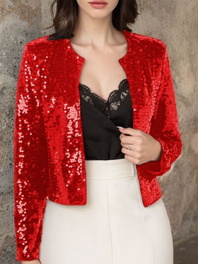 Elegant Women Full-Size Sequin Open Front Cropped Jacket With Glamorous Sparkle Luxury Women Party Jacket by Stevvex