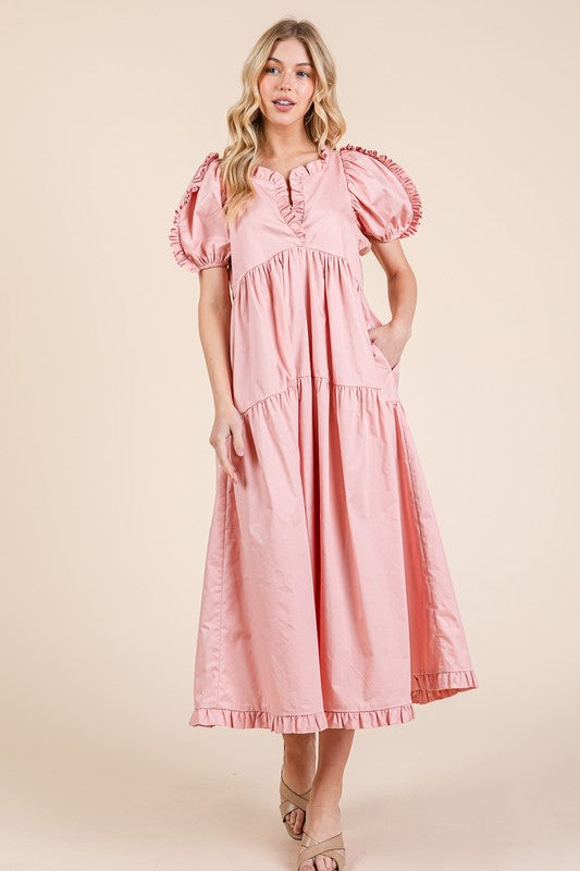 Ruffle Trim Puff Sleeve Tiered Babydoll Midi Dress – Fluttering, Sweet, Elegant, Feminine, and Trendy Babydoll Midi Dress with Ruffle Trim and Puff Sleeves by Stevvex