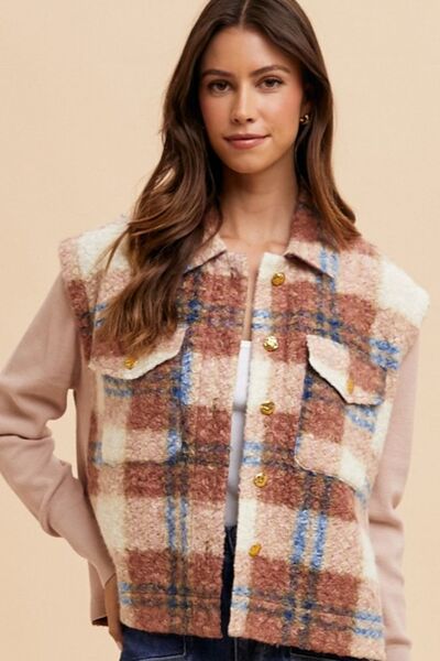 Women Brown Faux Fur Plaid Button-Up Jacket Soft Jacket For Girls Jacket With Closure by Stevvex