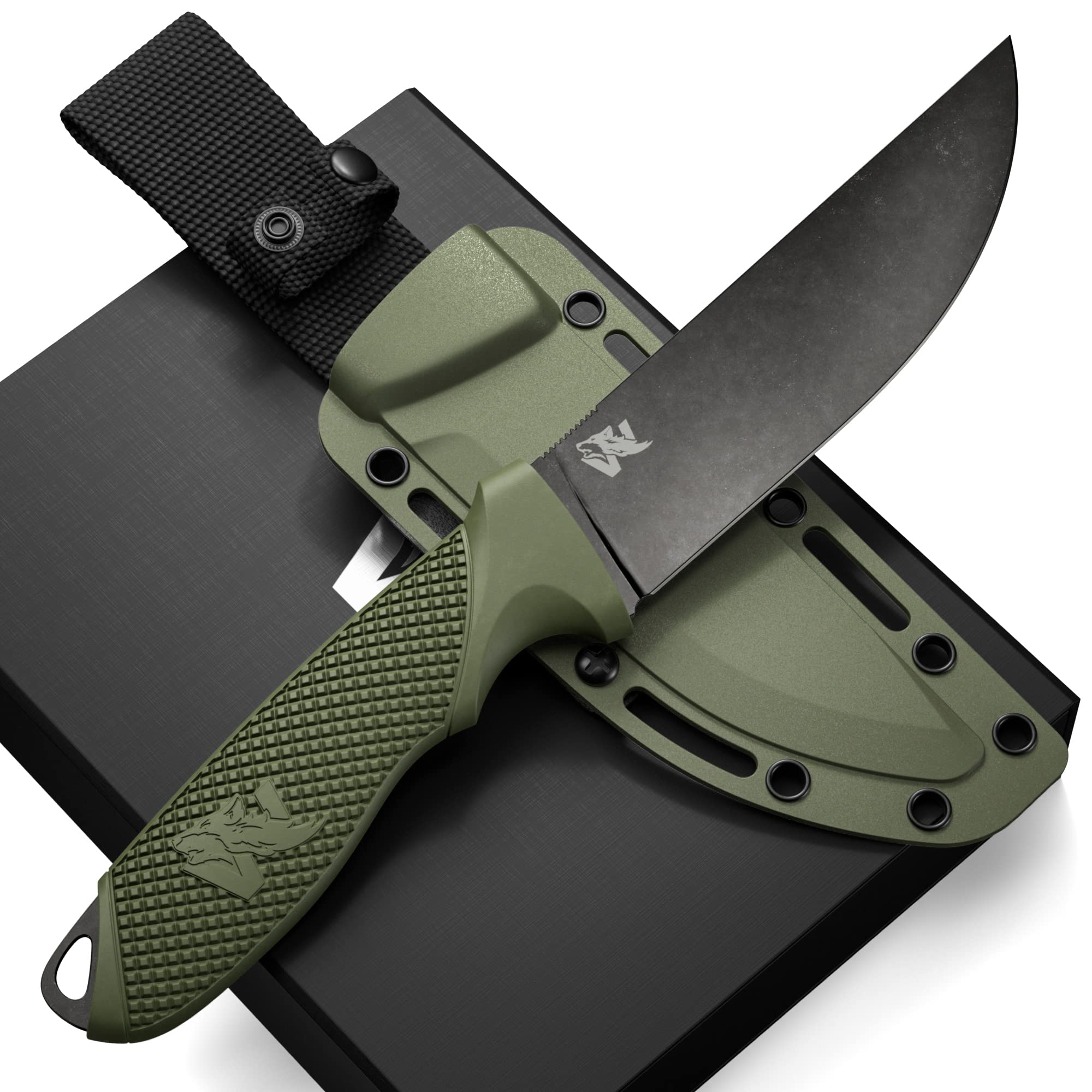 ODENWOLF W-FLAT Full Tang Survival Knife with Sheath - Stylish Tactical Fixed Blade Knife - Made of D2 Steel - Bushcraft and Camping Knife Survival - Perfect EDC Hunting Knife with TPE Handle - Lifestyle Haven