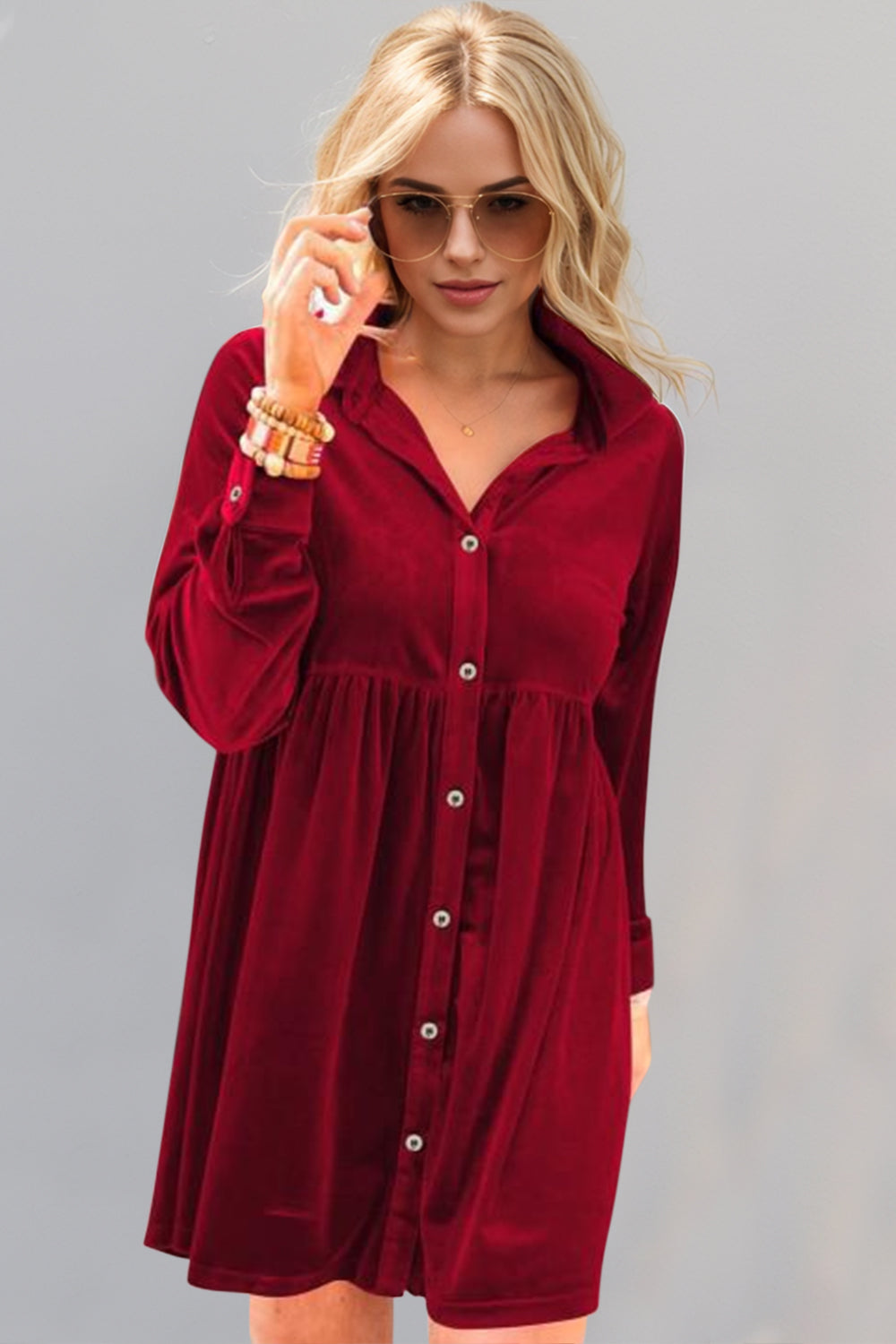 Deep Red Full Size Collared Neck Long Sleeve Mini Dress Classic & Stylish Women Dress by Stevvex