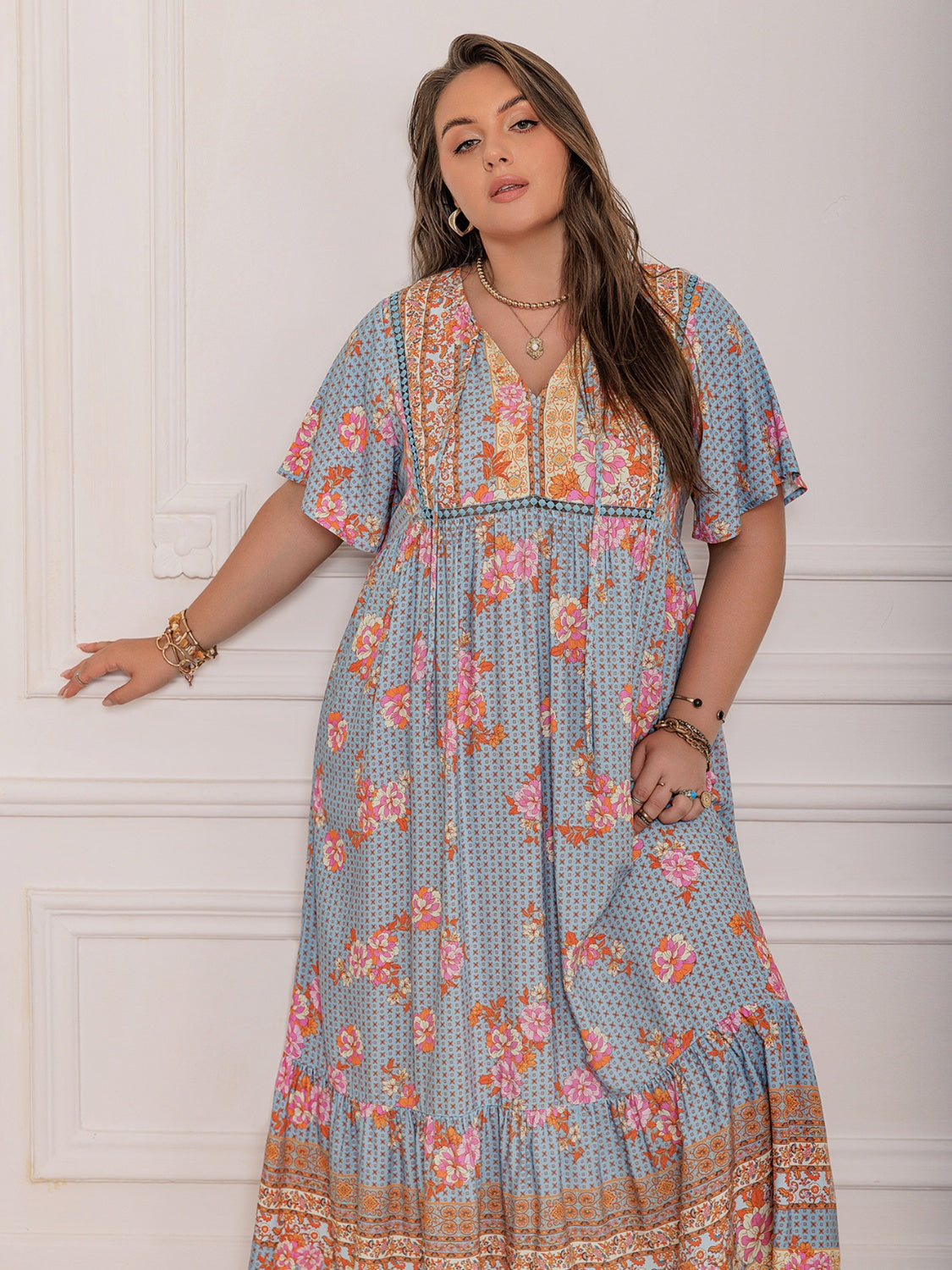 Pink Purple Plus Size Printed Flutter Sleeve Maxi Dress Elegant & Flowy Dress Unique Design by Stevvex