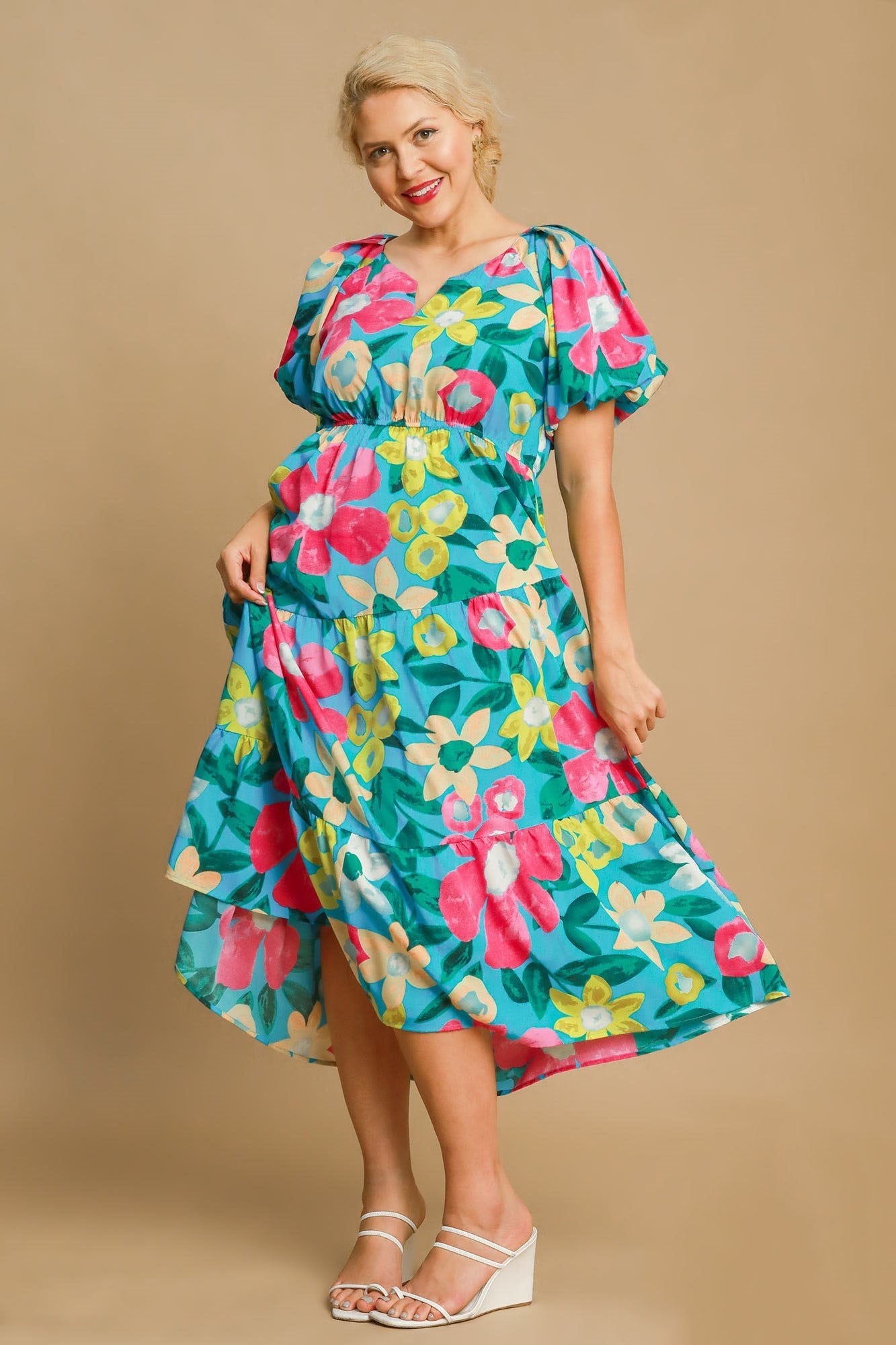 Beautiful Full Size Floral Print Puff Sleeve Midi Dress Plus Size Trendy & Chic Dress Modern Design by Stevvex
