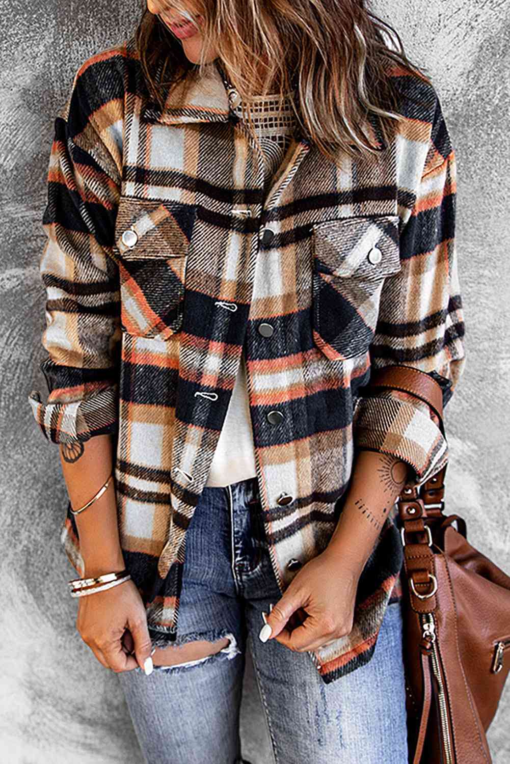 Classic Plaid Button Front Shirt Jacket with Breast Pockets Casual & Minimalist Outerwear by Stevvex