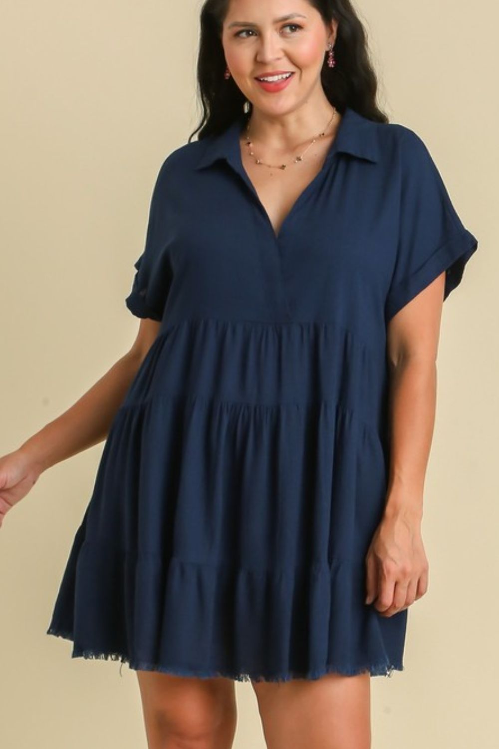 Women Dark Navy Full Size Raw Hem Folded Sleeve Dress Casual Plus Size Simple Dress by Stevvex