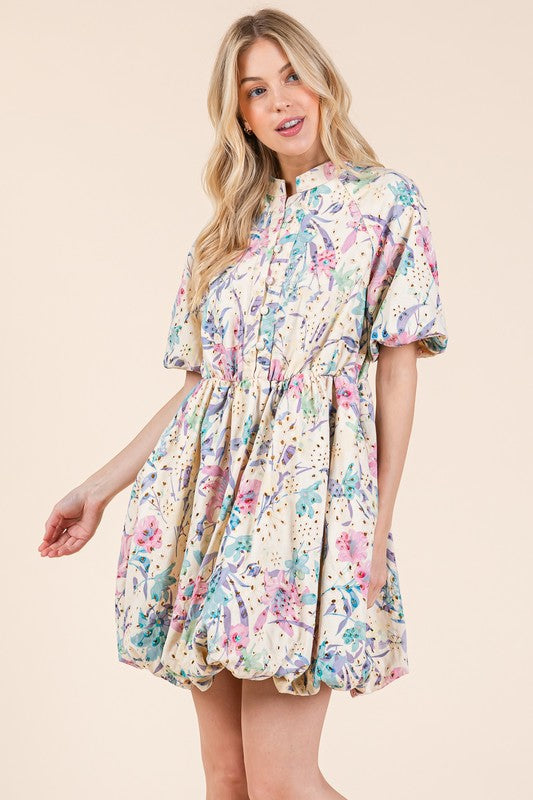 New Summer Floral Eyelet Lace Puff Sleeve Mini Shirt Dress For Women – Elegant, Trendy, Chic and Feminine Mini Shirt Dress with Puff Sleeves and Floral Eyelet Lace by Stevvex