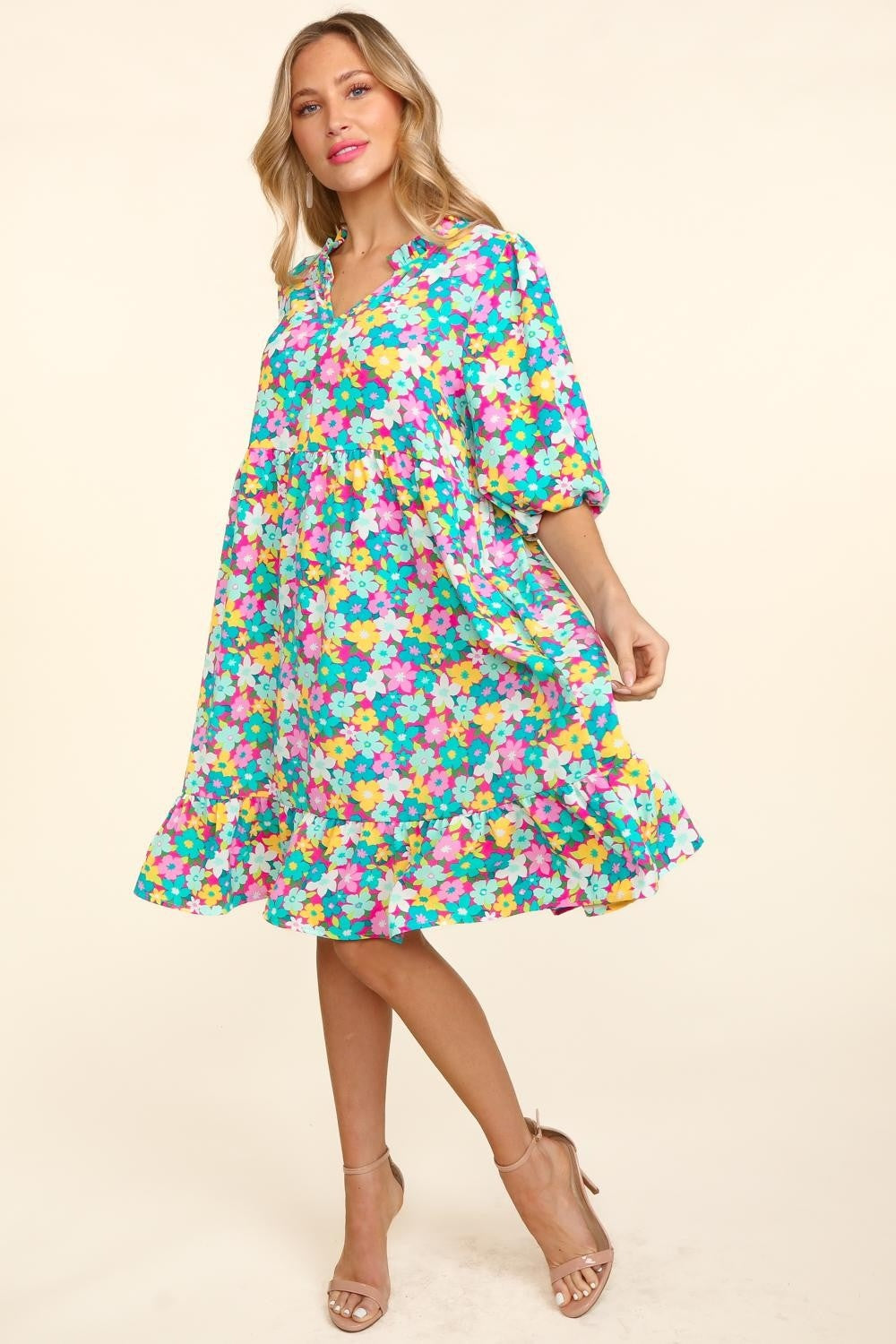 Bubble Sleeve Floral Ruffled Summer Dress For Women – Charming Floral Dress, Feminine Floral Dress, Trendy Bubble Sleeve Dress, Whimsical Ruffled Dress, Elegant Garden Party Dress, Romantic Floral Dress, Chic Bubble Sleeve Dress