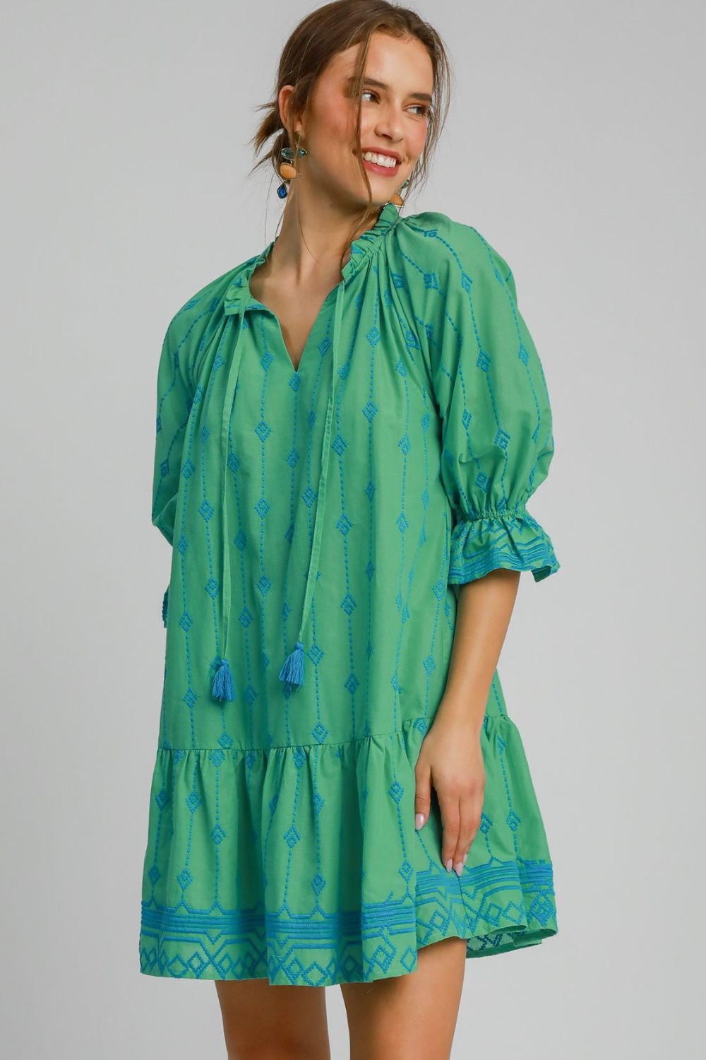 Full Size Tassel Embroidered Sleeve Mini Dress Plus Size Feminine & Stylish Green Dress by Stevvex