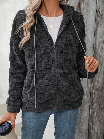 Dark Gray Women Checkered Pattern Jacket Comfy Textured Zip-Up Drawstring Fuzzy Jacket by Stevvex