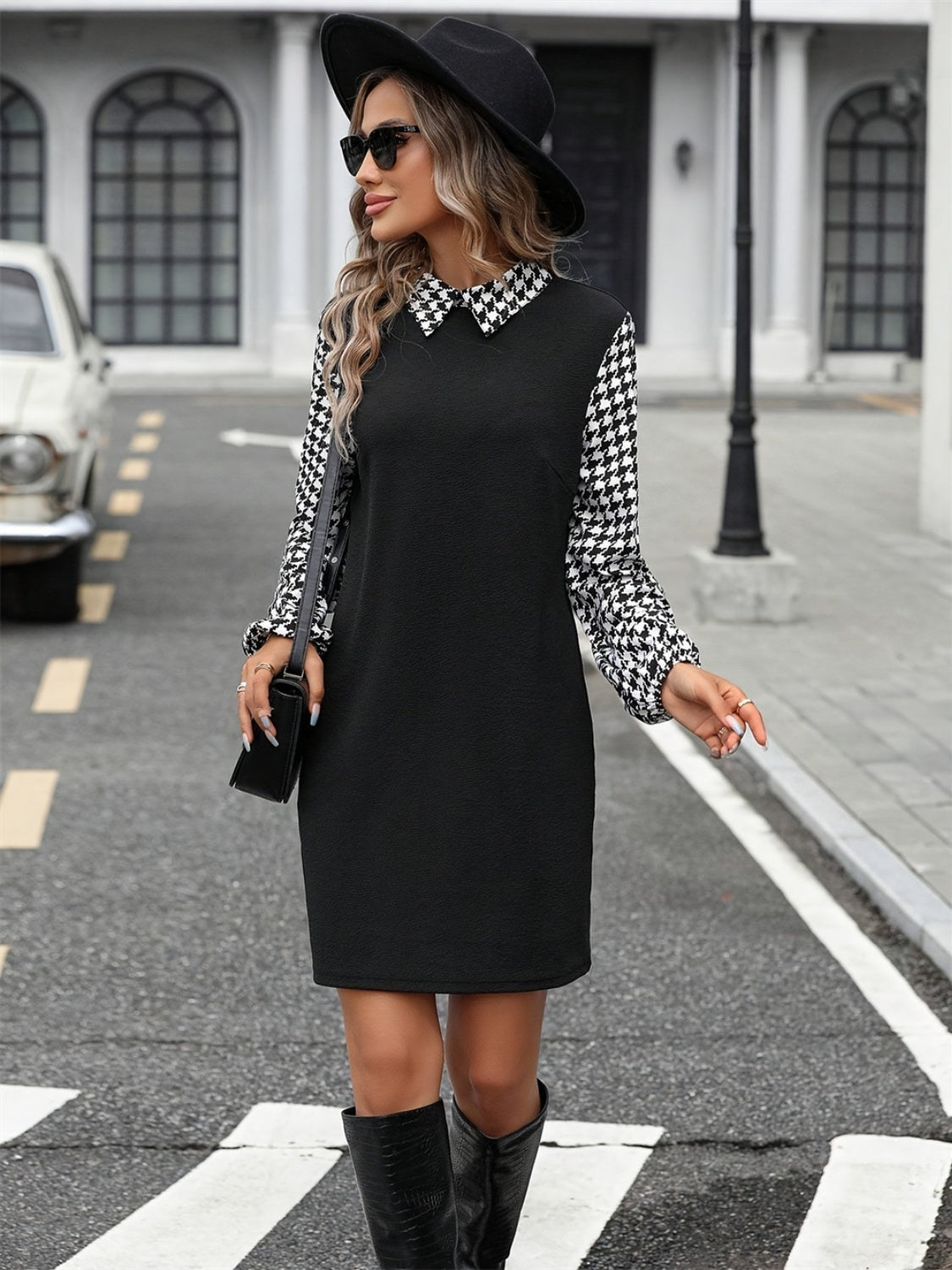 Timeless Black Collared Neck Long Sleeve Mini Dress Vintage Design Classic Women Dress by Stevvex