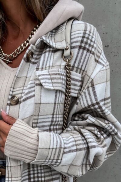Vintage Retro Style Women Camel Plaid Button Up Jacket with Removable Hood Classic & Cozy Everyday Wear by Stevvex