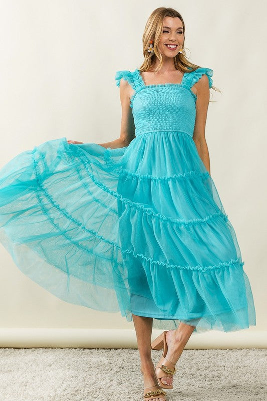 Frill Mesh Tiered Midi Dress For Women – Fluttering, Elegant, Romantic Frill Design with Mesh Details for a Feminine Silhouette by Stevvex
