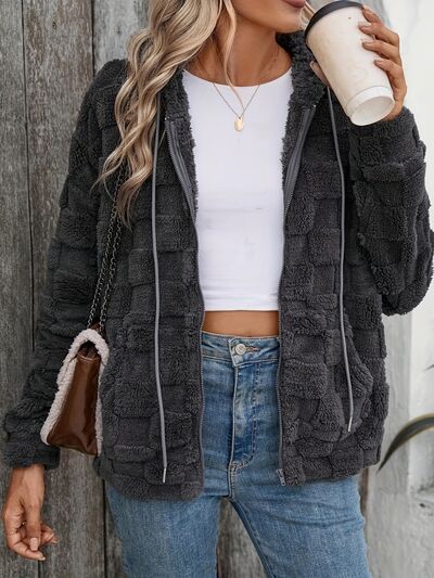 Dark Gray Women Checkered Pattern Jacket Comfy Textured Zip-Up Drawstring Fuzzy Jacket by Stevvex