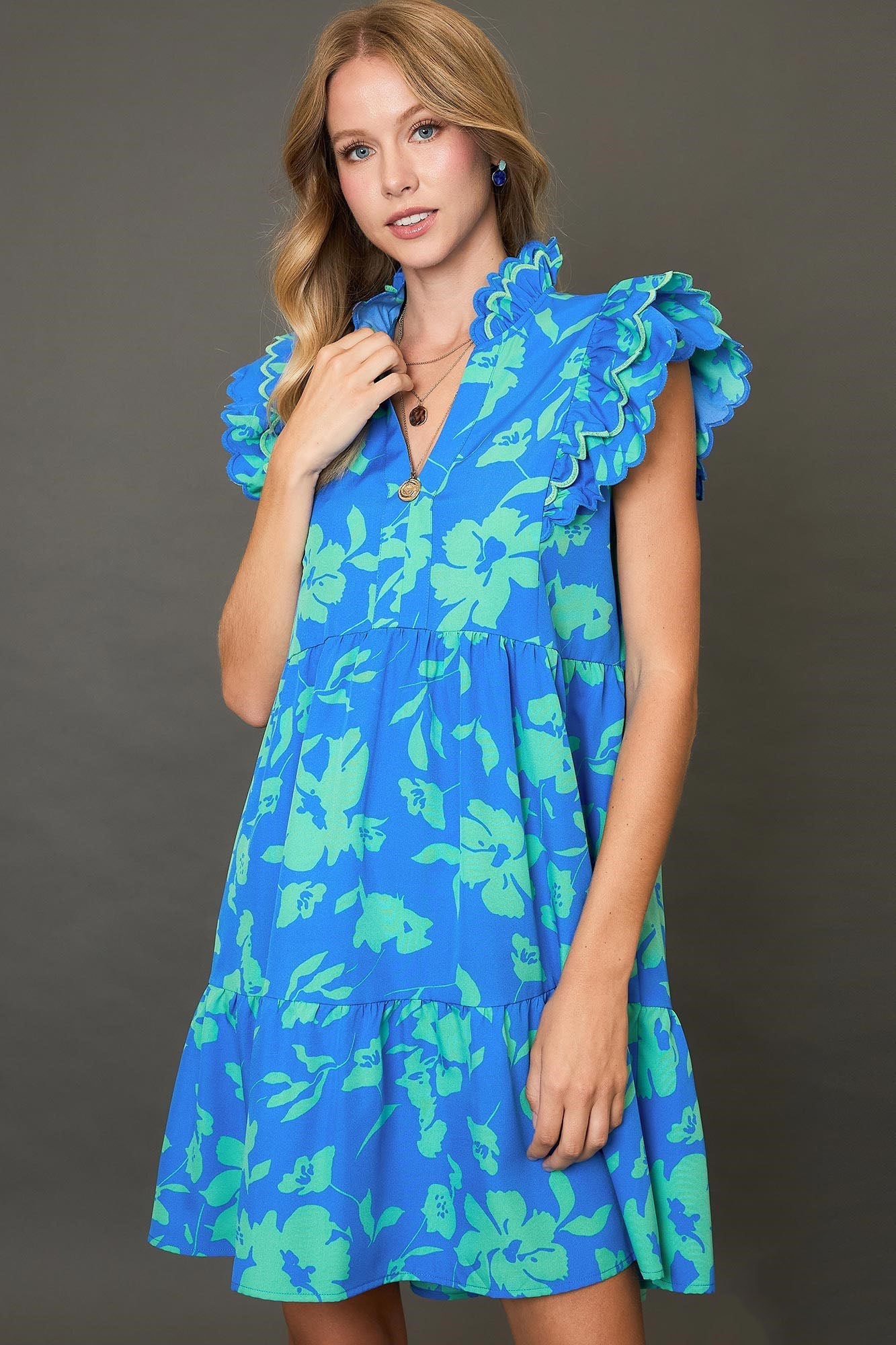 Blue Full Size Two-Tone Floral Print Ruffle Cap Sleeve Mini Dress Plus Size Elegant Dress by Stevvex
