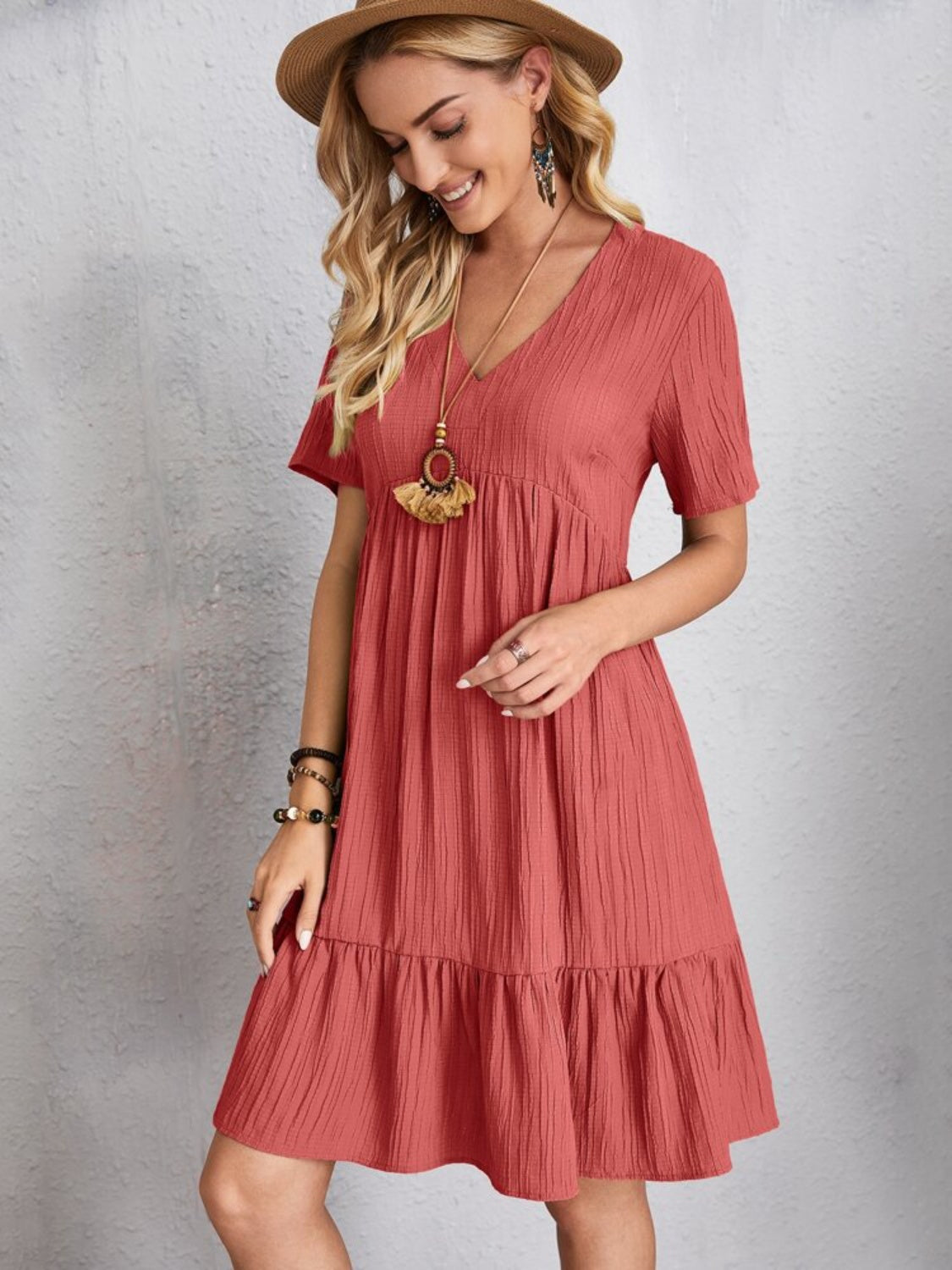 Classic Full Size V-Neck Short Sleeve Dress Casual & Comfortable Dress for Women by Stevvex