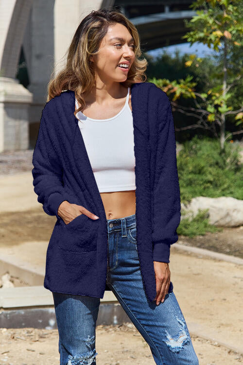 Women Full Size Teddy Hooded Jacket with Pockets Cozy Casual Jacket Comfortable Women Jacket by Stevvex