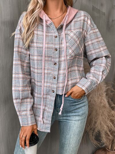 Plaid Buttoned Long Sleeve Hooded Jacket for Women – Cozy & Stylish Cotton-Blend Outerwear by Stevvex