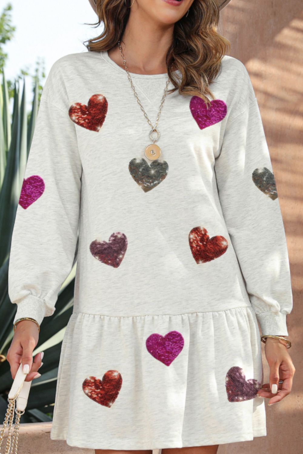Cute Heart Round Neck Long Sleeve Mini Dress Stylish Dress for Women Girls Simple Charming Dress by Stevvex