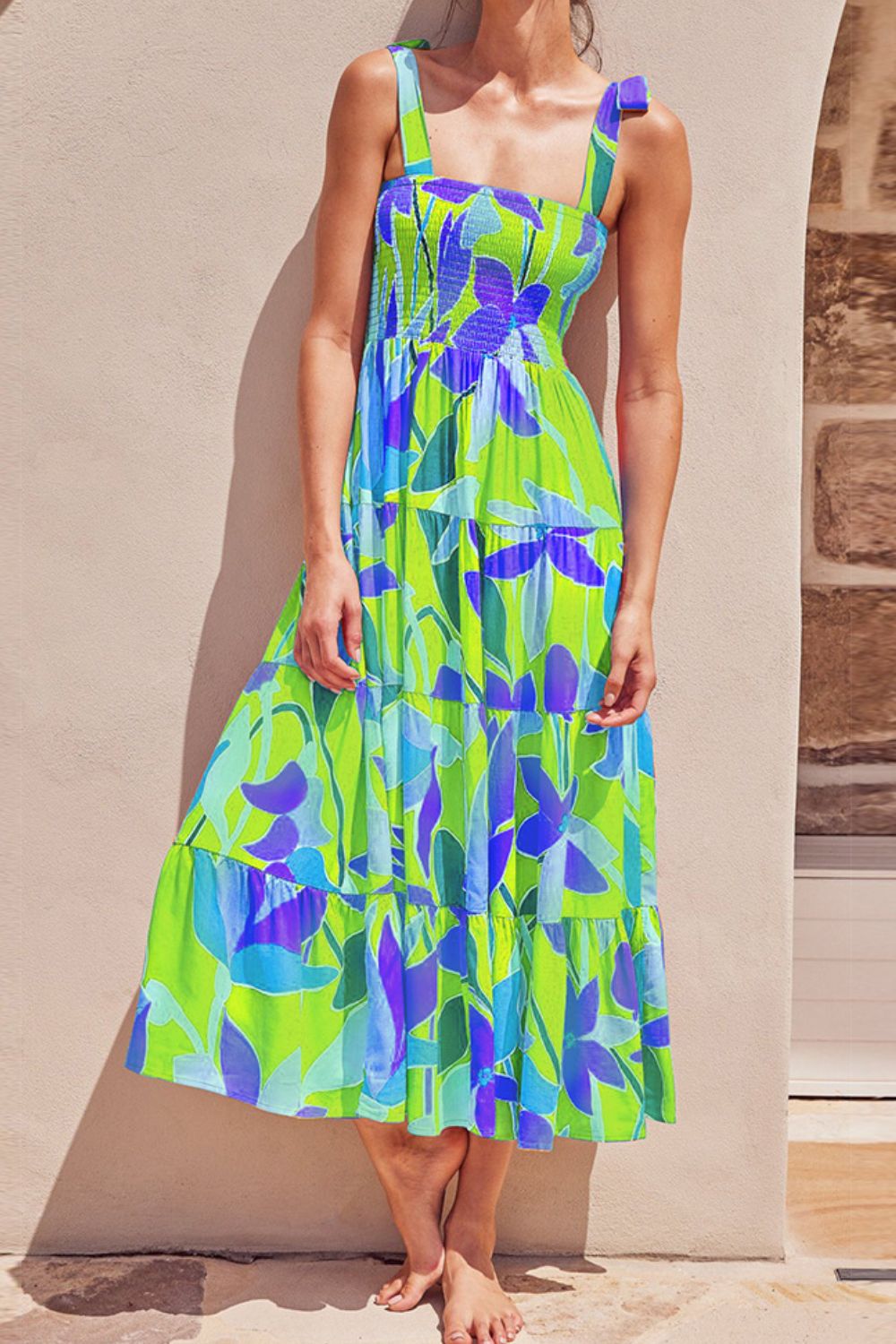 Long Floral Tie-Shoulder Smocked Midi Dress Perfect For Vacation & Summer Days by Stevvex