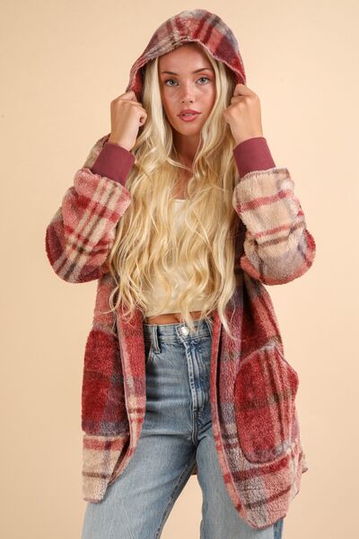 Colorful Fuzzy Plaid Long Sleeve Hooded Jacket Warm & Trendy Outerwear for Cold Days by Stevvex