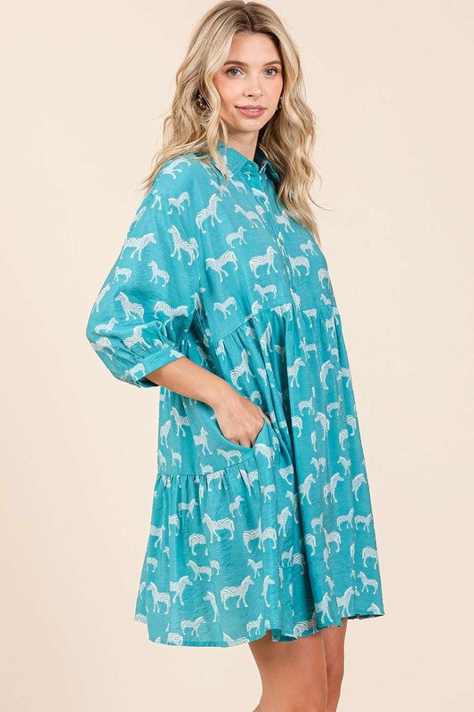 Zebra Print Button-Down Shirt Mini Dress For Women – Bold and Fashion-Forward with Tiered Detail