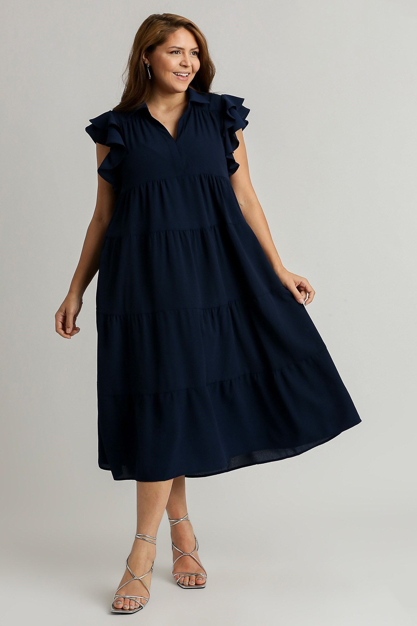 Dark Navy Full Size Ruffle Sleeve Dress Classic Feminine Plus Size Fashion Soft Dress by Stevvex