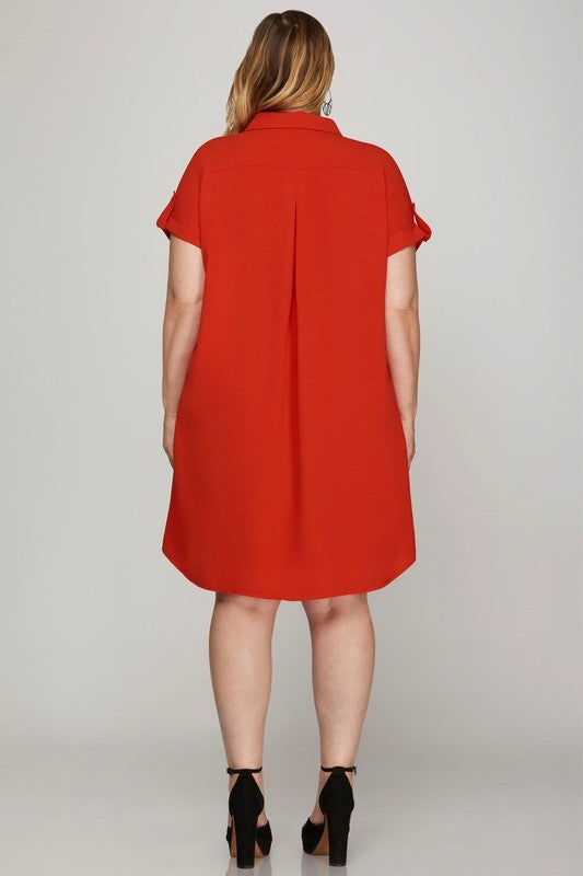 Deep Red Full Size Button-Down Short Sleeve Shirt Dress Plus Size Casual Women Simple Home Dress by Stevvex