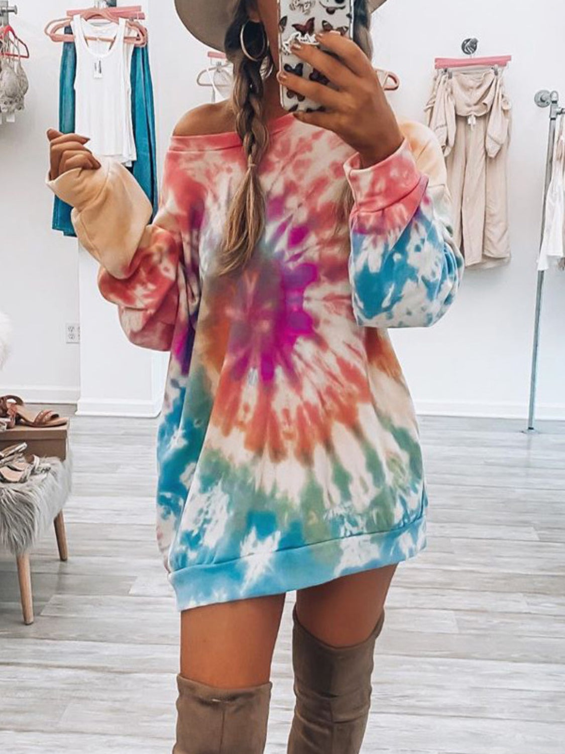 Full Size Tie-Dye Round Neck Long Sleeve Dress Trendy & Comfortable Casual Dress for Women by Stevvex