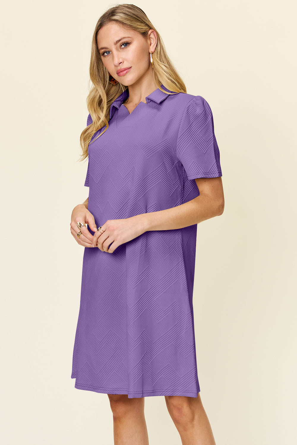 Double Take Full Size Texture Collared Neck Short Sleeve Dress Textured Dress For Women by Stevvex