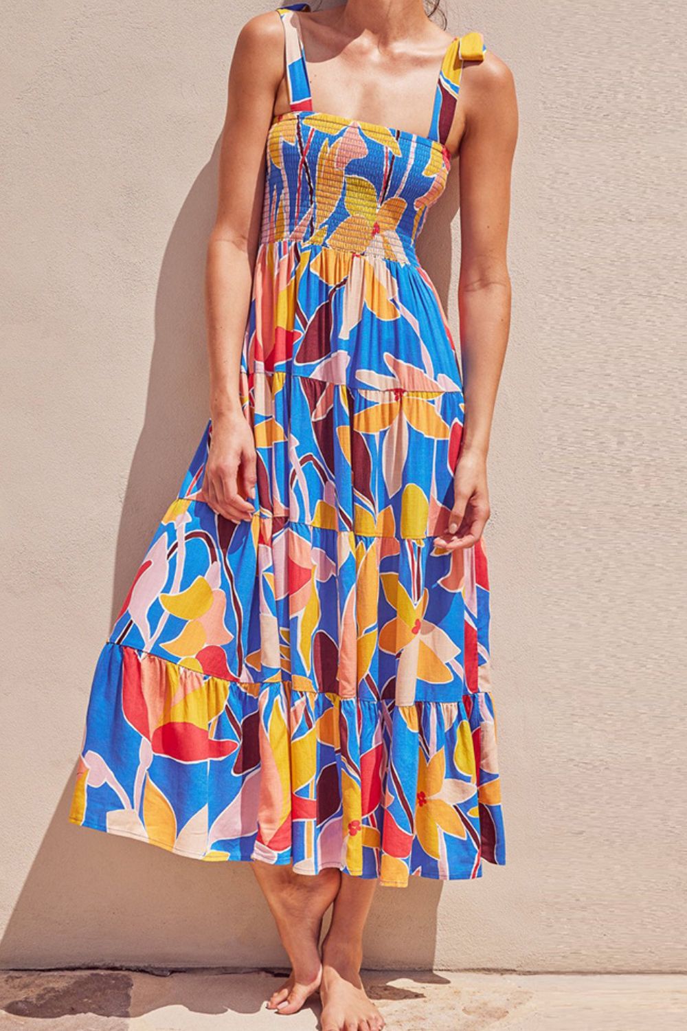 Multicolored Floral Tie-Shoulder Smocked Maxi Dress Elegant & Flowy Summer Style Dress by Stevvex