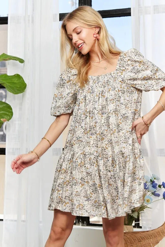 New Summer Floral Square Neck Puff Sleeve Dress For Women – Feminine, Fluttering, Romantic, Vintage-Inspired Floral Dress