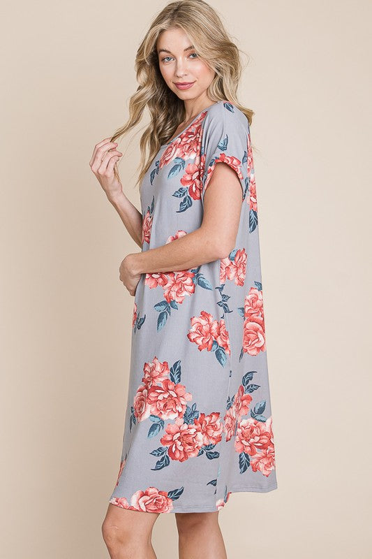 Floral Round Neck Short Tee Dress with Pockets For Women – Comfortable, Casual & Functional for Everyday Wear by Stevvex