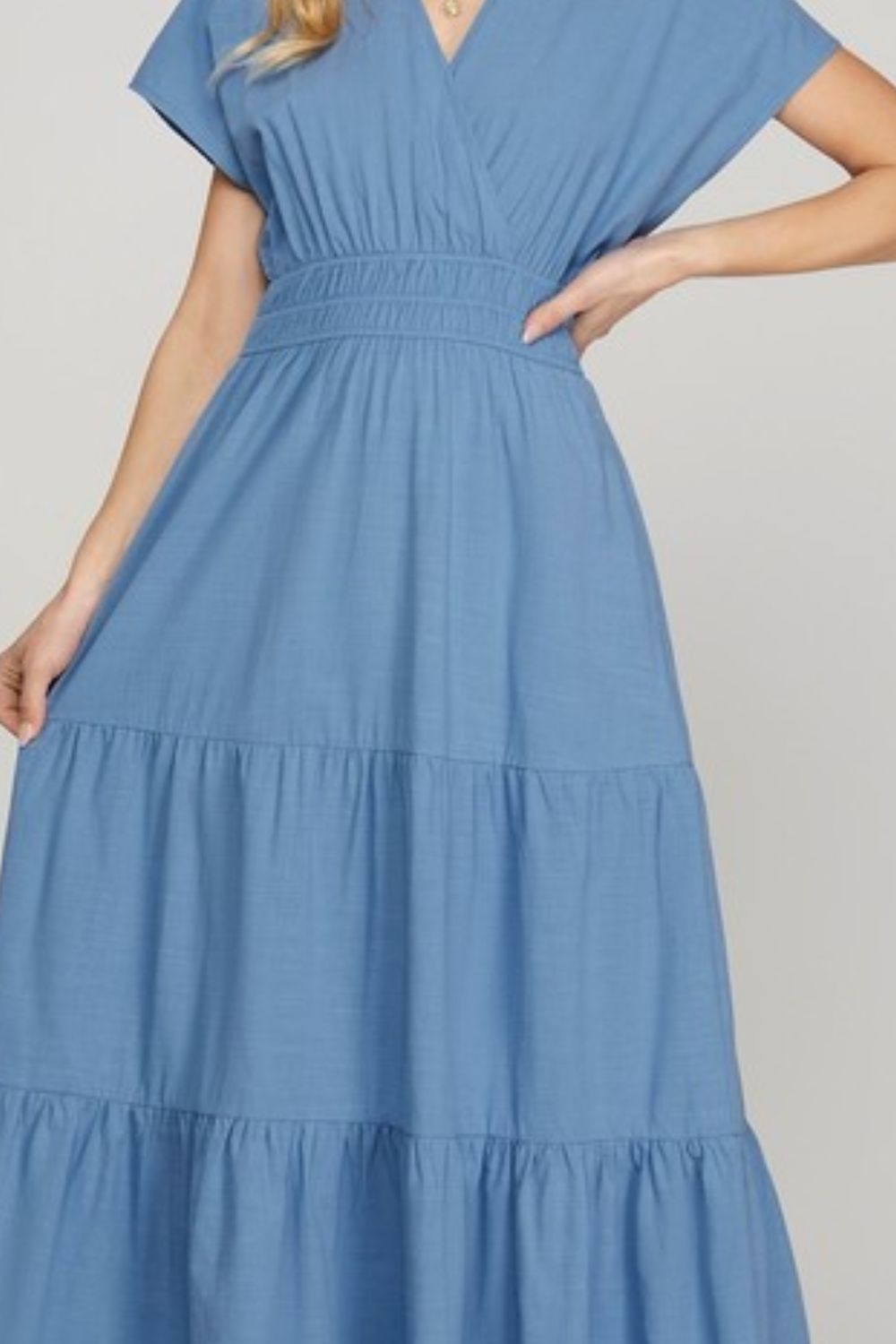 Surplice Short Sleeve Tiered Maxi Dress With Pockets For Women – Elegant, Versatile, Comfortable and Functional with Flattering Surplice Neckline and Tiered Design for Effortless Style by Stevvex