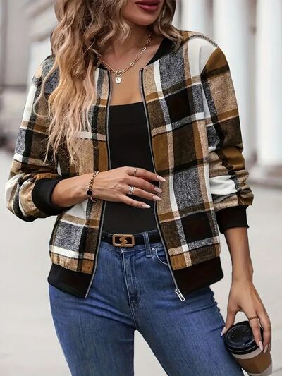Plus Vintage Size Plaid Baseball Collar Zip-Up Jacket Trendy & Comfortable Outerwear for Any Occasion by Stevvex