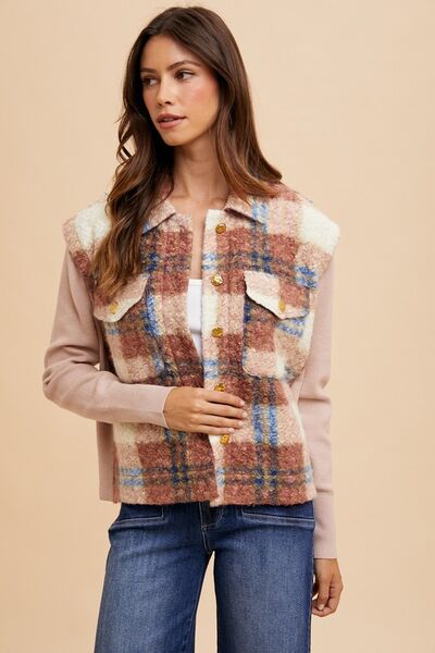 Women Brown Faux Fur Plaid Button-Up Jacket Soft Jacket For Girls Jacket With Closure by Stevvex