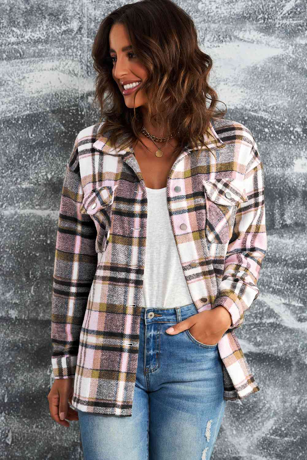 Classic Plaid Button Front Shirt Jacket with Breast Pockets Casual & Minimalist Outerwear by Stevvex