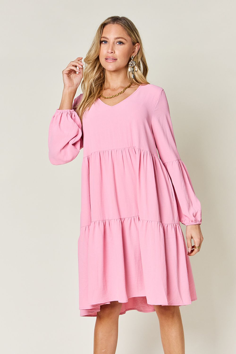 Light Green Double Take Full Size V-Neck Sleeve Tiered Dress with Pockets Elegant & Comfortable Casual Dress by Stevvex