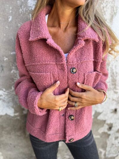 Comfortable Modern Women Full Size Fuzzy Button-Up Jacket with Drop Shoulder and Pockets by Stevvex