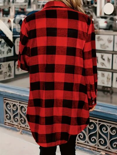 Deep Red Plaid Collared Neck Snap-Down Long Sleeve Jacket – Classic & Trendy Outerwear with Pockets by Stevvex