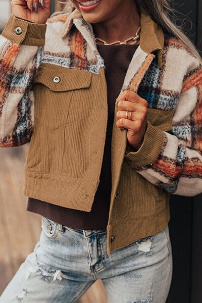 Plaid Corduroy Flap Pockets Button Up Jacket Trendy Outerwear With Classic Flap Pockets For Casual Comfort by Stevvex