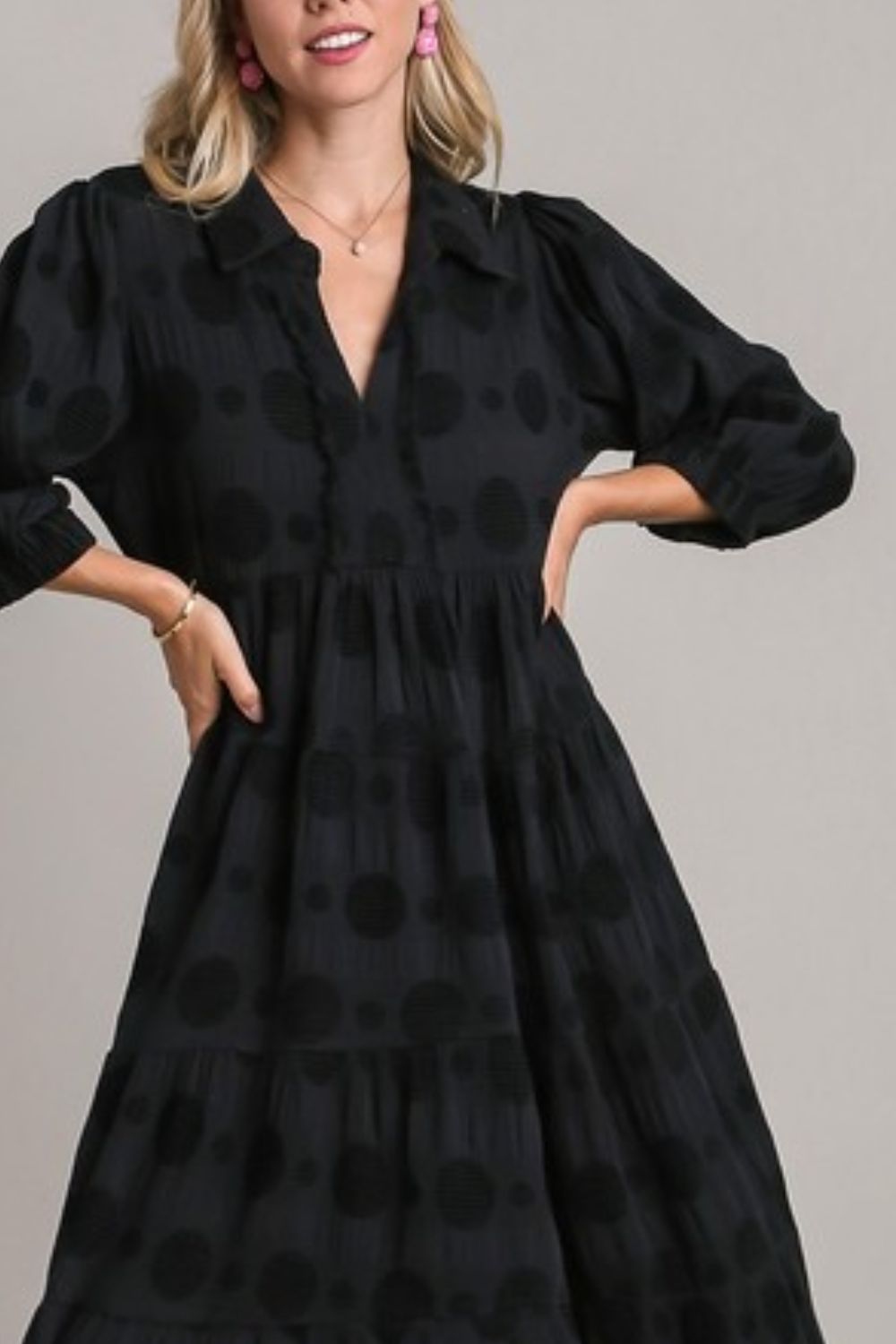 Black Full Size Solid Dotted Midi Dress Elegant Plus Size Fashion Women Dress by Stevvex