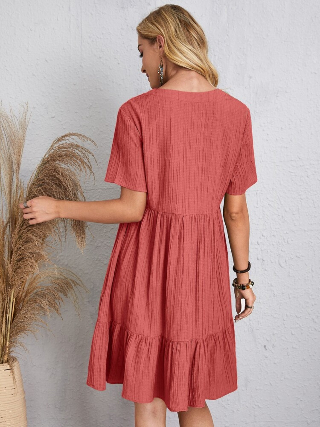 Classic Full Size V-Neck Short Sleeve Dress Casual & Comfortable Dress for Women by Stevvex