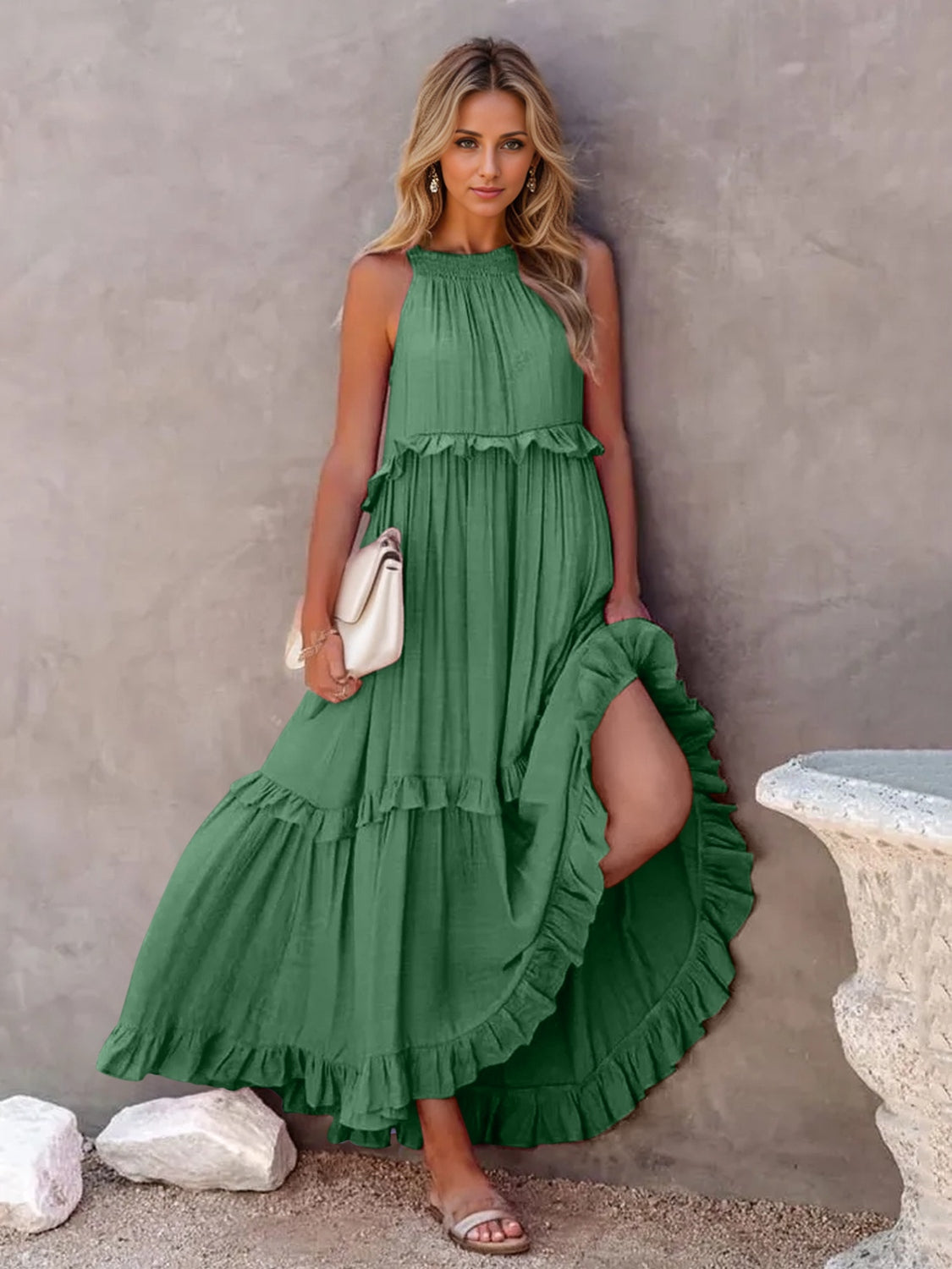 Romantic Ruffled Sleeveless Tiered Maxi Dress with Pockets Elegant & Chic Statement Beautiful Design Dress by Stevvex