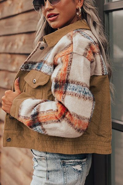 Plaid Corduroy Flap Pockets Button Up Jacket Trendy Outerwear With Classic Flap Pockets For Casual Comfort by Stevvex